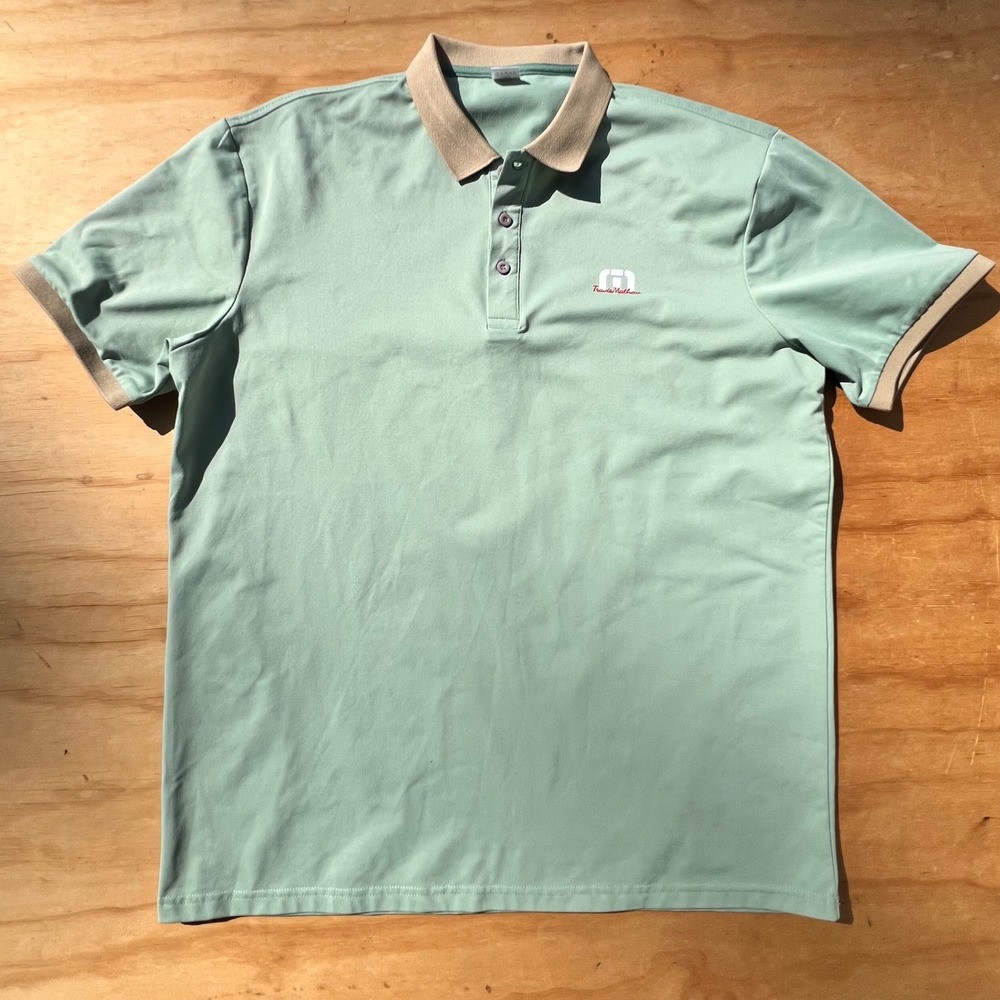 TravisMathew Mens Polo Shirt Green Tan Trim Short Sleeve Golf Performance XL